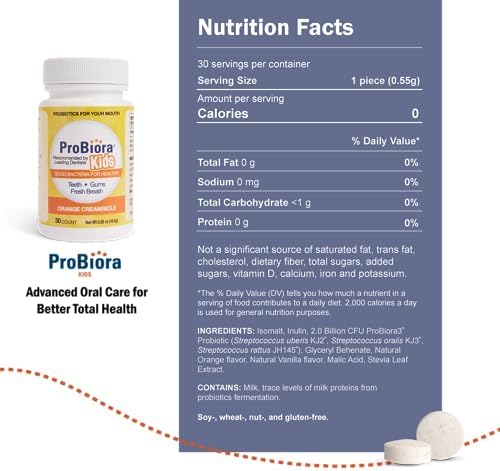 ProBiora Kids Oral-Care Chewable Probiotic Tablets | Probiotic Supplement Designed Specifically for Kids | Healthier Teeth & Gums | Fresher Breath | Whiter Teeth (30 Count, Orange)