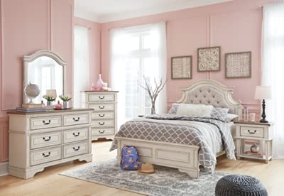 Signature Design by Ashley Realyn Traditional Cottage 1 Drawer Nightstand with Dovetail Construction & Open Display Shelf, Chipped White, 27" Tall, Distressed Brown