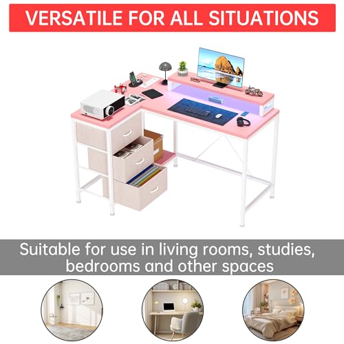 L Shaped Computer Desk with Power Outlets LED Lights Drawers Shelves Corner Gaming Desk Home Office Workstation Modern Ergonomic Design