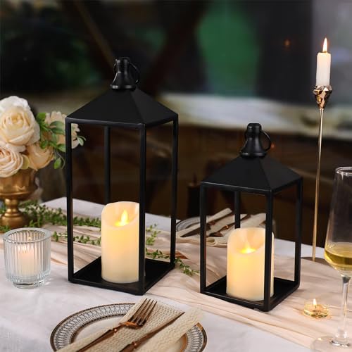 2 Pcs Black Decorative Metal Lanterns Farmhouse Lantern Decor with Candles (2 Count)