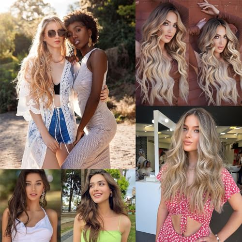 Clip in Hair Extensions for Women, 6PCS Long Wavy Curly Clip on Hair Extensions 20 Inch Honey Blonde Mixed Light Brown Synthetic Hairpieces