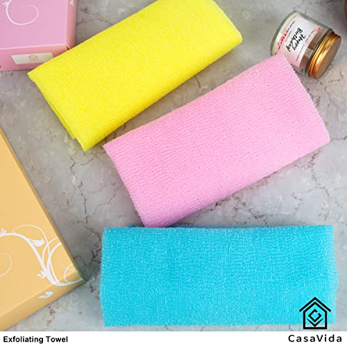 CasaVida Exfoliating Washcloth Back Scrubber for Shower Exfoliating Body Scrubber Japanese Beauty African Net Sponge Bath Korean Loofah Towel Wash Cloth Body Scrub 3 Pack (Navy-Blue x 3)