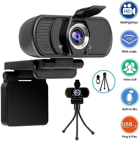 Full 1080P HD Webcam with Microphone, USB Webcam for Laptop and Desktop, External Web Camera, Streaming PC Web Camera with Privacy Cover and Tripod, Widescreen Web cam for Zoom Skype YouTube