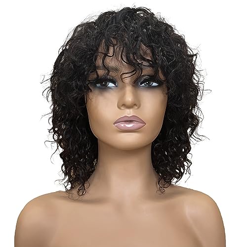 OnePart human wigs short water wave wig with bangs WWM2367M 100% brazilian virgin human hair machine made glueless for black women natural black 12inch