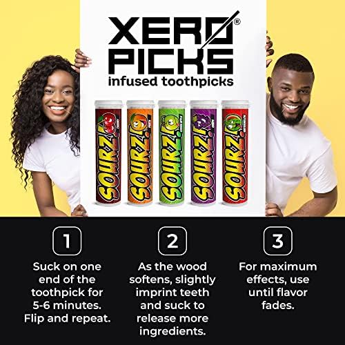 Xero Picks - Sourz Infused Flavored Toothpicks- Sugar Free- Sour Apple, Sour Grape, Sour Cherry, Sour Watermelon, Sour Peach - 5 Pack - 20 Picks per