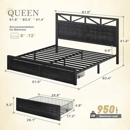 Homkdom Queen Bed Frame with 2 Storage and LED Lights, Bed Frame Queen Size with Headboard Built in Charging Station,Noise-Free,Easy Assembly, No Box Spring Needed, Black