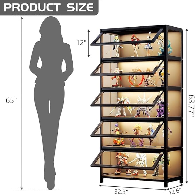 HMBTCRY Display Cabinet with Acrylic Glass Doors,5-Tier Display Cases for Collectibles, Large Toy Display Shelves & Kids Bookcase for Playroom, Bedroom Study Room (Black)