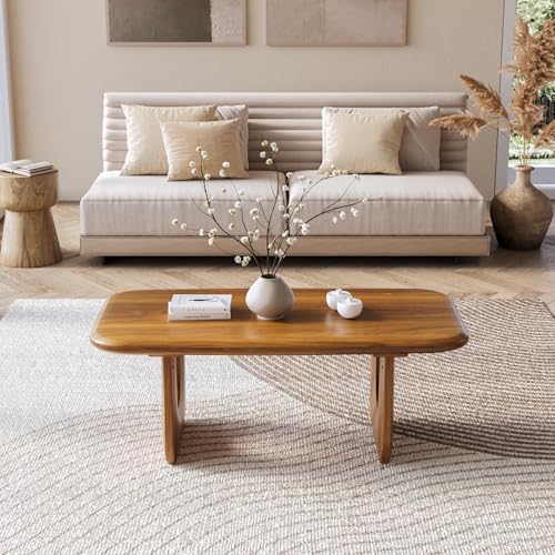 LITTLE TREE Farmhouse Coffee Table, 47 Inches Wooden Rectangular Center Tables with Rounded Corners, Modern Coffee Tables Low Cocktail Tea Furniture for Living Room (Rustic Brown)