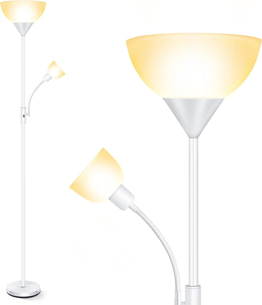 Torchiere Floor Lamps for Living Room, Standing Lamp, 71" Tall Pole Lamps with Adjustable Reading Light, 3-Way Rotary Switch, Plastic Shade, Bright Torch Corner Lamp for Bedroom, White(E26, No Bulb)