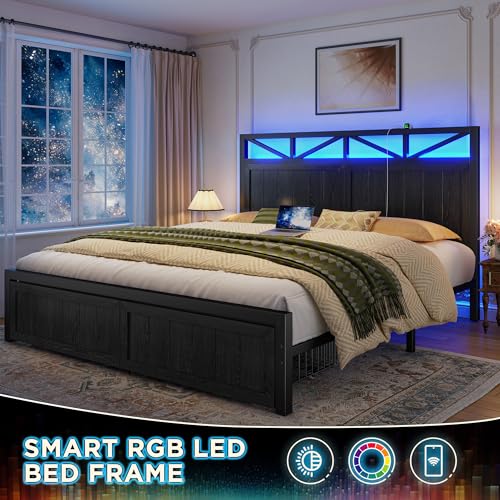 Homkdom Queen Bed Frame with 2 Storage and LED Lights, Bed Frame Queen Size with Headboard Built in Charging Station,Noise-Free,Easy Assembly, No Box Spring Needed, Black