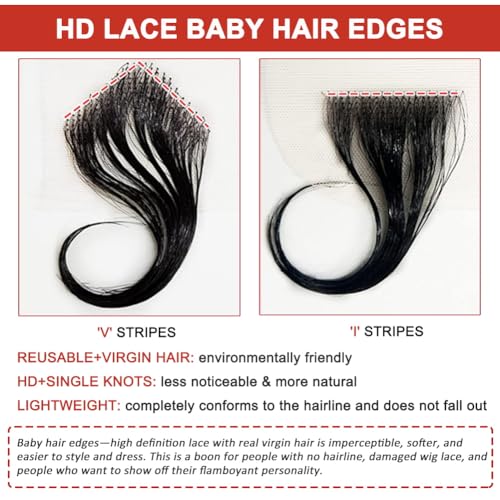Edges Hair HD Lace Strips for Women - Reusable Invisible Lace Hairline with 4 Pcs Natural Handmade Real Human Hair Pieces, Black Color