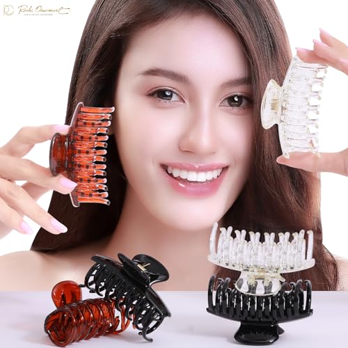 RC ROCHE ORNAMENT 6 Pcs Womens Classic Double Multi Layer Fine Teeth Claws Jaw Interlocking Strong Hold No Slip Firm Grip Hair Clutcher Clamp Beauty Fashion Accessory, Medium Clear Brown and Black