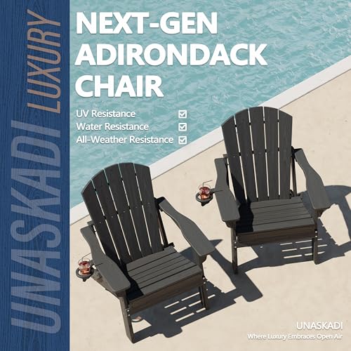 UNASKADI Folding Adirondack Chair Set of 3 with Cup Holder, HDPE All Weather Resistant Plastic Outdoor Patio Chairs, Heavy Duty Fire Pit Seating for Backyard Lawn Garden, Wooden Textured Design(Gray)
