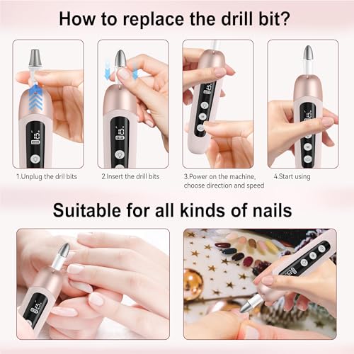 Electric Nail Drill Cordless Nail File Professional Manicure Pedicure Kit, 9 in 1 Hand Foot Rechargeable Care Tool, 10 Speeds Electric Nail File Grinder for Thick Toenail Trim Polish Pink