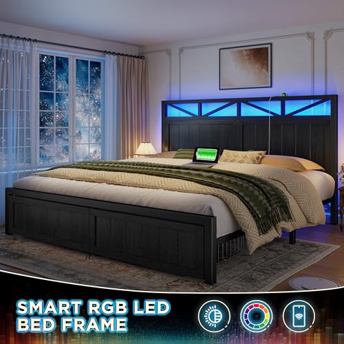Homkdom King Size Bed Frame with 2 Storage and LED Lights, King Bed Frame and Headboard Built in Charging Station,Noise-Free,Easy Assembly, No Box Spring Needed, Black