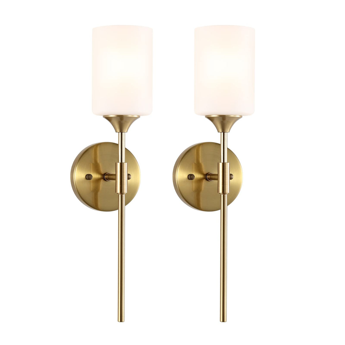 BYOLIIMA Gold Wall Sconce Set of 2 with White Cylinder Glass Shades Modern Mid Century Bathroom Vanity Wall Light Fixtures Industrial Brushed Brass Wall Lamp for Bedroom Mirror Living Room Restaurant