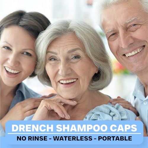 Drench No Water Hair Washing Cap - Waterless Shower Caps with Shampoo and Conditioner - Disposable Rinse Free Wash Aids - Ideal for Elderly and Disabled - Pack of 12