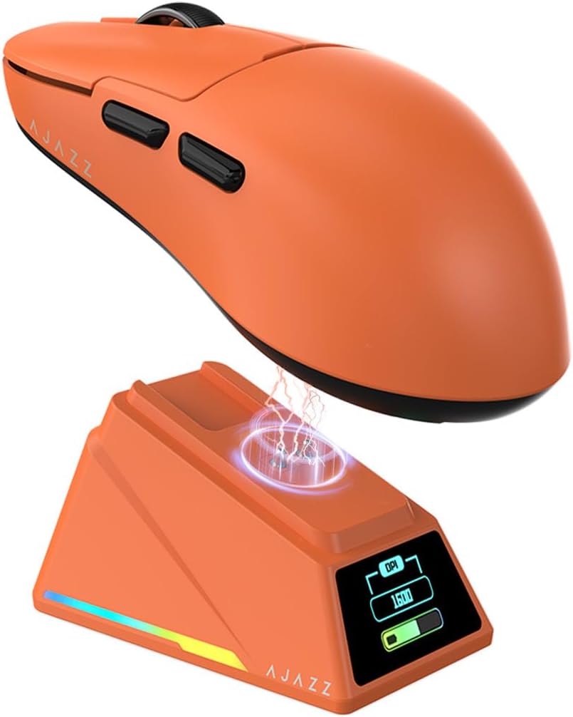 DAIDAI Ajazz AJ159 APEX Wireless Gaming Mouse with TFT Color Screen Charging Dock, 56g Ultra-Lightweight Ambidextrous Mice, PAW3950 Sensor, Tri-Mode, Orange