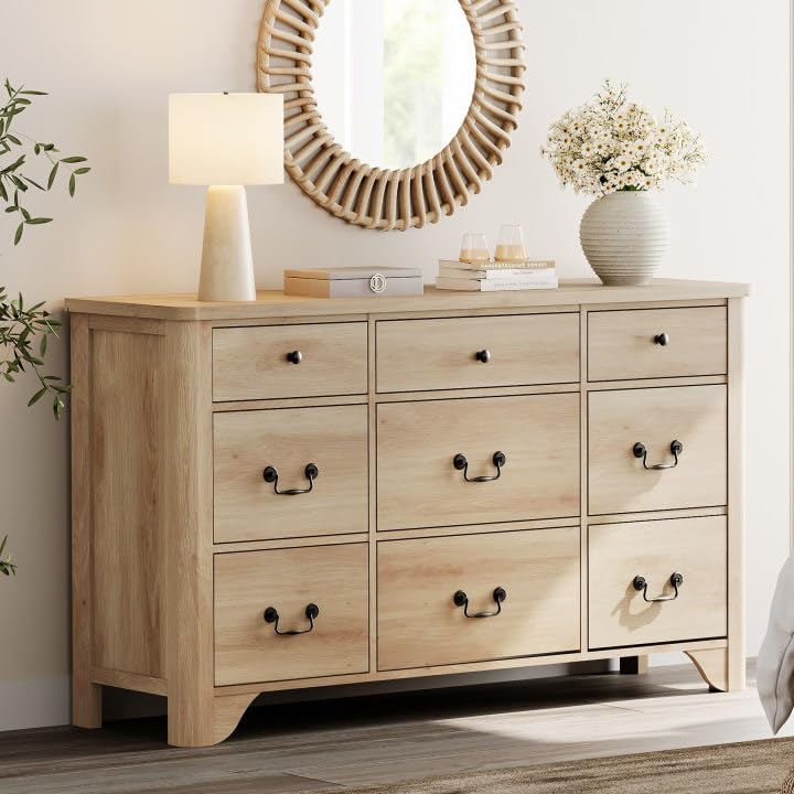 WAMPAT 9 Drawers Dresser for Bedroom, 53.5'' Wide Farmhouse Dresser TV Stand with Curved Edge Design and Wide Chests of Drawers,Storage Dressers Organizer Wood Dressers for Bedroom,Closet,Hallway,Oak