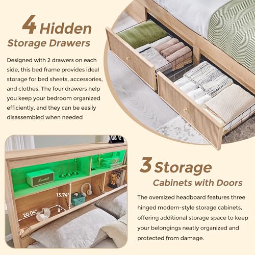 Fluted Queen Size Bed Frame with 50" Tall Storage Headboard with 4 Drawers,Wooden Platform Bed Frame with LED Lights/Storage Headboard Charging Station Easy Assembly/No Box Spring Needed/Natural