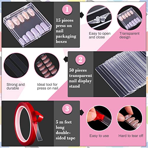 66 Pcs Artificial Nail Storage Box and Nail Art Display Stand Holder Set, 15 Plastic False Nail Packaging Boxes 50 Clear Press on Nail Stand with 5 M Double Sided Tape for Acrylic Nails Practice Salon