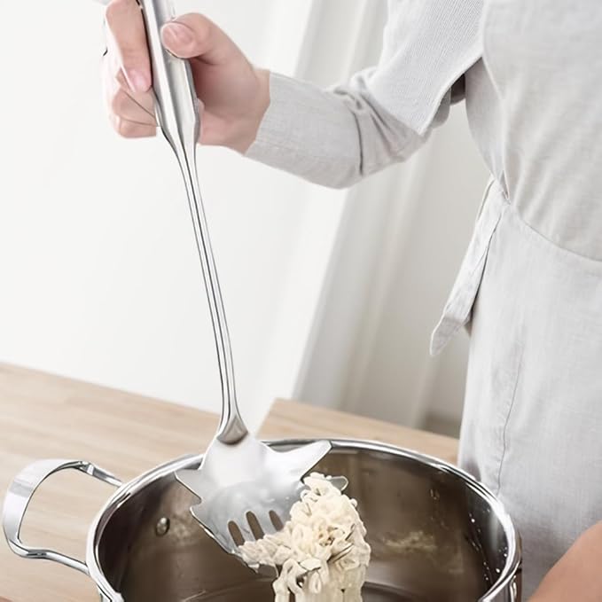 316 Stainless Steel Cooking Tool Set: saute pan spatula ladle, skimmer slotted, pasta, serving spoon, slotted spatula seasoner, dishwasher safe.