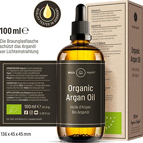 Organic Argan Oil Cold Pressed 3.4 Fl Oz - Moroccan Beauty Oil for Hair, Skin, Nails & Face, Vitamin E Rich, Non-Greasy, Natural Moisturizer