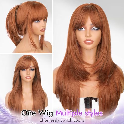 Long Ginger Wig with Bangs for Women,4x4 Realistic Scalp, Free Parting,Layered Hairstyle Synthetic Heat Resistant for Daily Party Use 26 inch