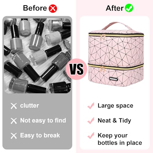 Nail Polish Organizer Bag Holds 30 Bottles (15ml/0.5 fl.oz)& Nail Lamp, Portable Travel Nail Kit Storage Carrying Case, Double Layer Nail Supplies Holder Bag PU Leather Women (Baby Pink)
