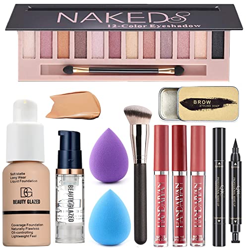 All in One Makeup Kit For Girls12 Colors Matte Shimme Eyeshadow Palette, Buff Beige Foundation Face Primer, Brush, Sponge, Eyebrow Soap Brows Gel, Winged Eyeliner Stamp (SetB)