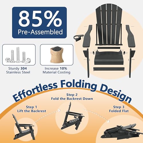 UNASKADI Folding Adirondack Chair Set of 3 with Cup Holder, HDPE All Weather Resistant Plastic Outdoor Patio Chairs, Heavy Duty Fire Pit Seating for Backyard Lawn Garden, Wooden Textured Design(Gray)