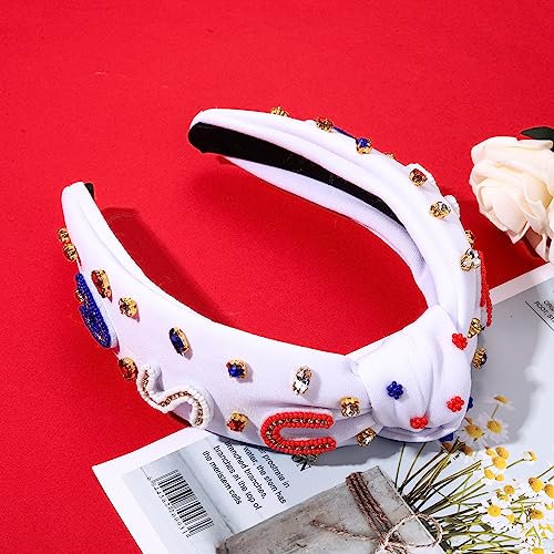 MOLOCH USA Headband 4th of July Red White Blue USA Stripe Knotted Headband for Women Rhinestone Crystal Patriotic Hairband Party Hair Accessory