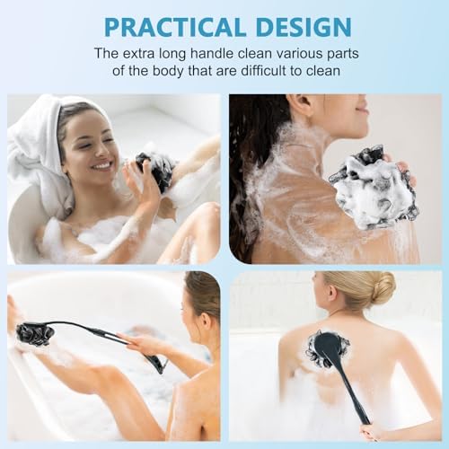 Loofah with Handle, 20.5'' Replaceable Shower Loofah to Improve Skin Health, Body Scrubber, for Women and Men with String for Easy Hanging（Dark Black）