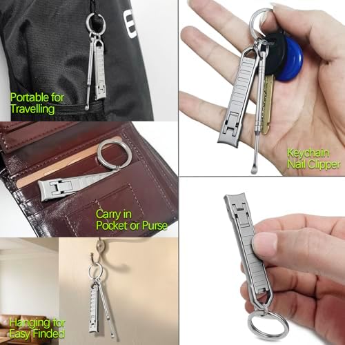 Portable Keychain Nail Clipper with Ear Pick, UItra Thin Nail Clippers for Men Medical Grade Stainless Steel Wide Jaw Folding Slim Sharp Fingernail Cutter for Travel