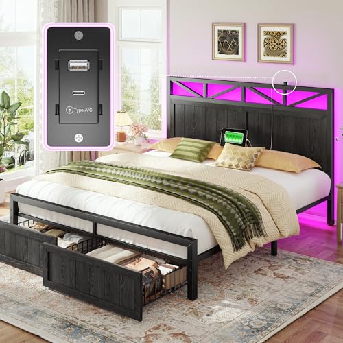 Homkdom Queen Bed Frame with 2 Storage and LED Lights, Bed Frame Queen Size with Headboard Built in Charging Station,Noise-Free,Easy Assembly, No Box Spring Needed, Black