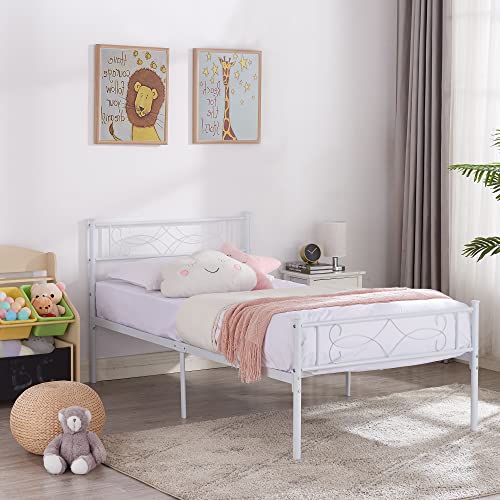 VECELO 14" Twin Size White Metal Platform Bed Frame with Headboard,Premium Steel Slat Support/No Box Spring Needed/Noise-Free/Easy Assembly