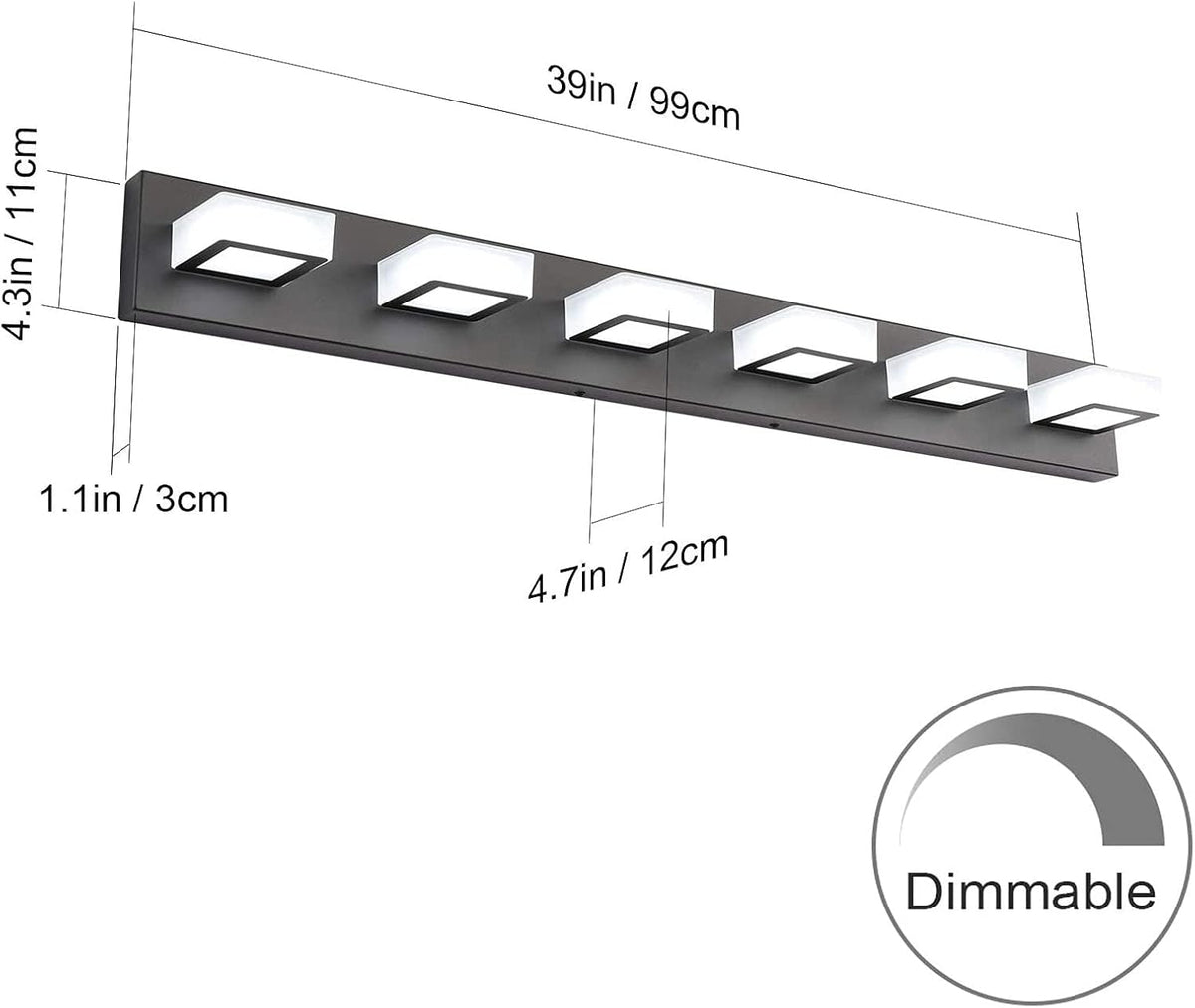 Ralbay 6 Lights LED Modern Dimmable Matte Black Vanity Light Acrylic Modern Vanity Wall Light Over Mirror Dimmable Bathroom Vanity Lighting Fixtures 6000K Cool White Light