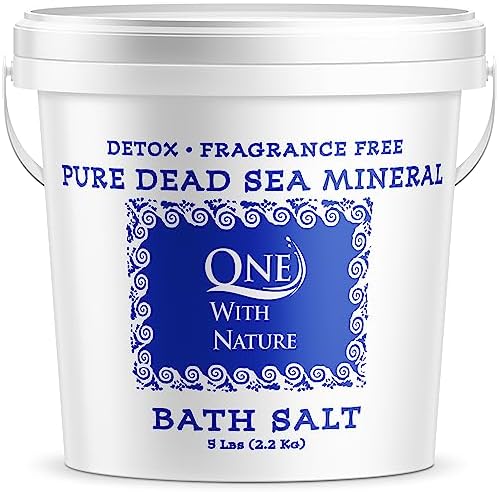 One With Nature 100% Pure Dead Sea Salt for Bath, 5lb Unscented. Dead Sea Salt is high in Essential Minerals, Such as Magnesium, Sulfur, Zinc, Potassium. Exfoliates, Nourishes Skin, Helps Restore pH