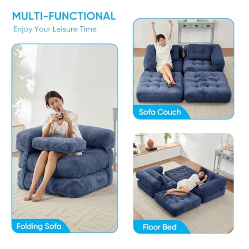 Mjkone 34" W Folding Sofa Bed, Convertible Sleeper Chair with Cushion Foldable Mattress with Armrest, Portable Fold Out Chair Comfy Floor Sofa Lounge for Living Room Bedroom Office, Navy Blue