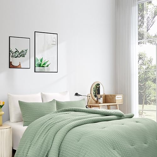 Arianaut 3-Piece Comforter Set – Checkered Seersucker comforters Quilt Set with Microfiber Fill – Includes 1 Comforter & 2 Pillowcases – Lightweight, Soft & Wrinkle-Resistant (Green, King)
