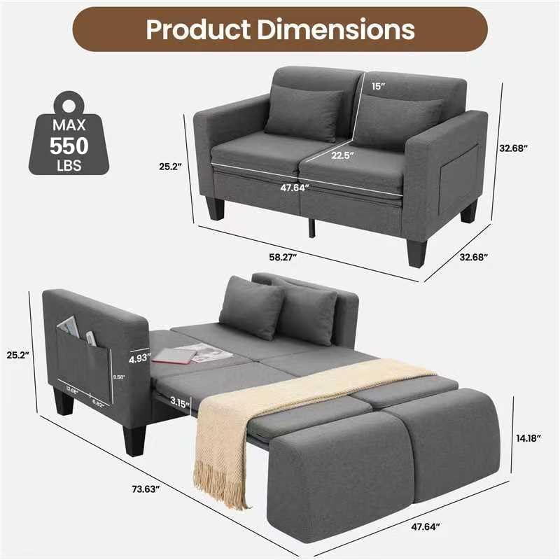 SEJOV 6-in-1 Convertible Sofa Bed, 58" Loveseat Sleeper Sofas with Pull Out Couch Bed, Removable Backrest, Storage Pockets and 2 Pillows, Modern Folding Linen Futon Couch for Small Spaces, Gray