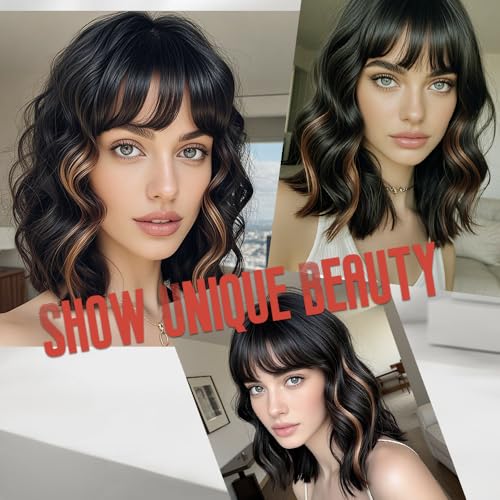 WAVE&BREEZE 14 Inch Black Mixed Brown Highlights Wigs for Women Short Wavy Curly Wig With Bangs Natural Looking Synthetic Hair Wigs Heat Resistant Fiber Wig for Daily Party (Black Mixed Brown)