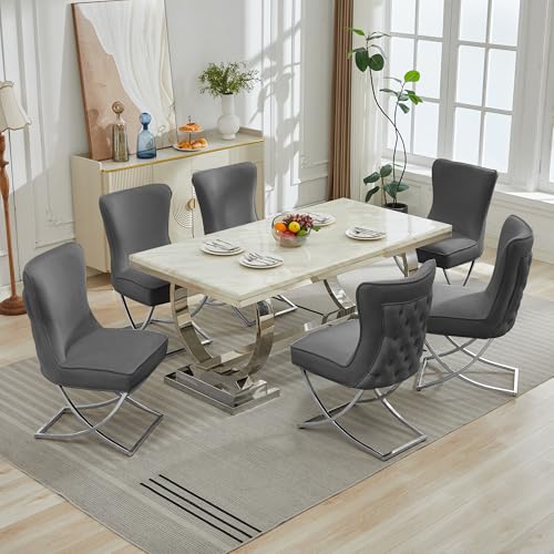 LOULENS Elegance Velvet Dining Chairs Set of 4, Luxurious Upholstered Tufted Dining Room Chairs, Glam Royal Velvet Accent Chairs with Stainless Steel Legs, Dark Grey