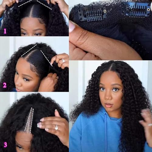 V Part Wig Human Hair No Leave Out Upgrade Curly V Part Wig Human Hair Wig for Women 150% Density V Part Wig No Glue No Sew Clip In Half Wigs Natural Color 20 Inch