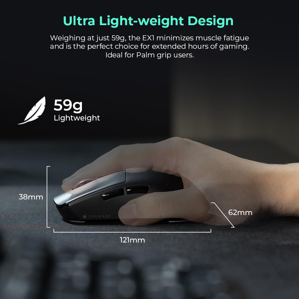 TECWARE EX1 Lightweight Gaming Mouse | 26K DPI Wireless Mouse with OLED Display | 59g Ultra-Light Design | RGB Charging Dock | Tri-Mode Connectivity 2.4GHz/Bluetooth/Wired with Grip Tape | Black