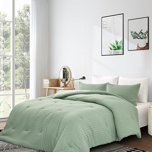 Arianaut 3-Piece Comforter Set – Checkered Seersucker comforters Quilt Set with Microfiber Fill – Includes 1 Comforter & 2 Pillowcases – Lightweight, Soft & Wrinkle-Resistant (Green, King)