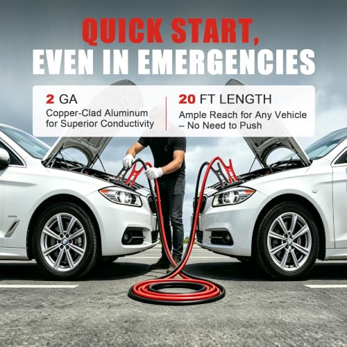 Heavy Duty Jumper Cables,2 Gauge 20 Feet Battery Booster Cable,Automotive Jumper Wires with Alligator Clamps,Carrying Bag,Safety Gloves and Iron Brush for Cars Trucks - size: 2 Gauge 20 feet (Standard)