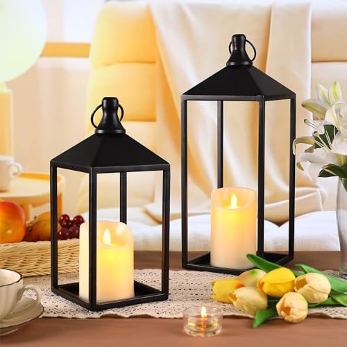 2 Pcs Black Decorative Metal Lanterns Farmhouse Lantern Decor with Candles (2 Count)