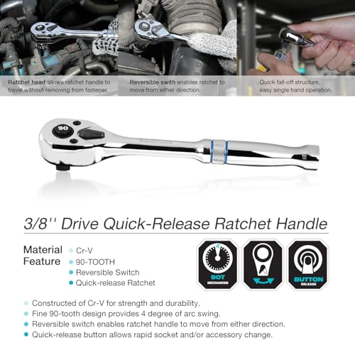 DURATECH 3/8-Inch Drive Ratchet, 90-Tooth Quick-Release Ratchet Wrench | Reversible, Cr-V Made, 4° Swing, Full Polished, Professional Socket Wrench for Men Women Stocking Stuffers for Men Women - size: 3/8"(Polished)