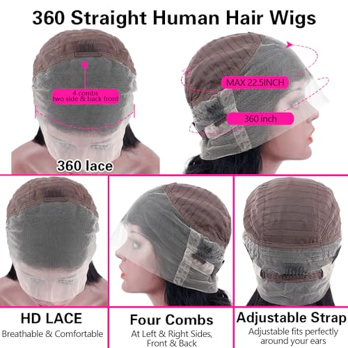 sdamey 360 Straight Lace Front Wigs Human Hair HD Transparant Full Lace Wigs For Women 200 Density Wigs Human Hair Pre Plucked With Baby Hair 12A Brazilian Virgin Hair Natural Color 18inch